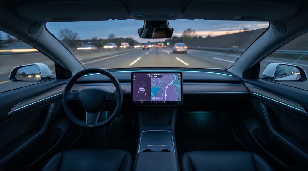 Tesla interior at dusk on the highway with driver-assist and navigation on screen