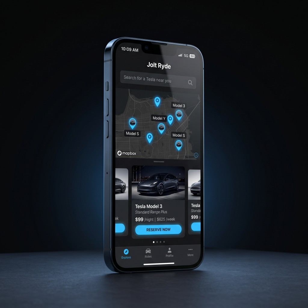 Jolt Ryde driver app on iPhone — map search, Tesla listings, and Reserve Now