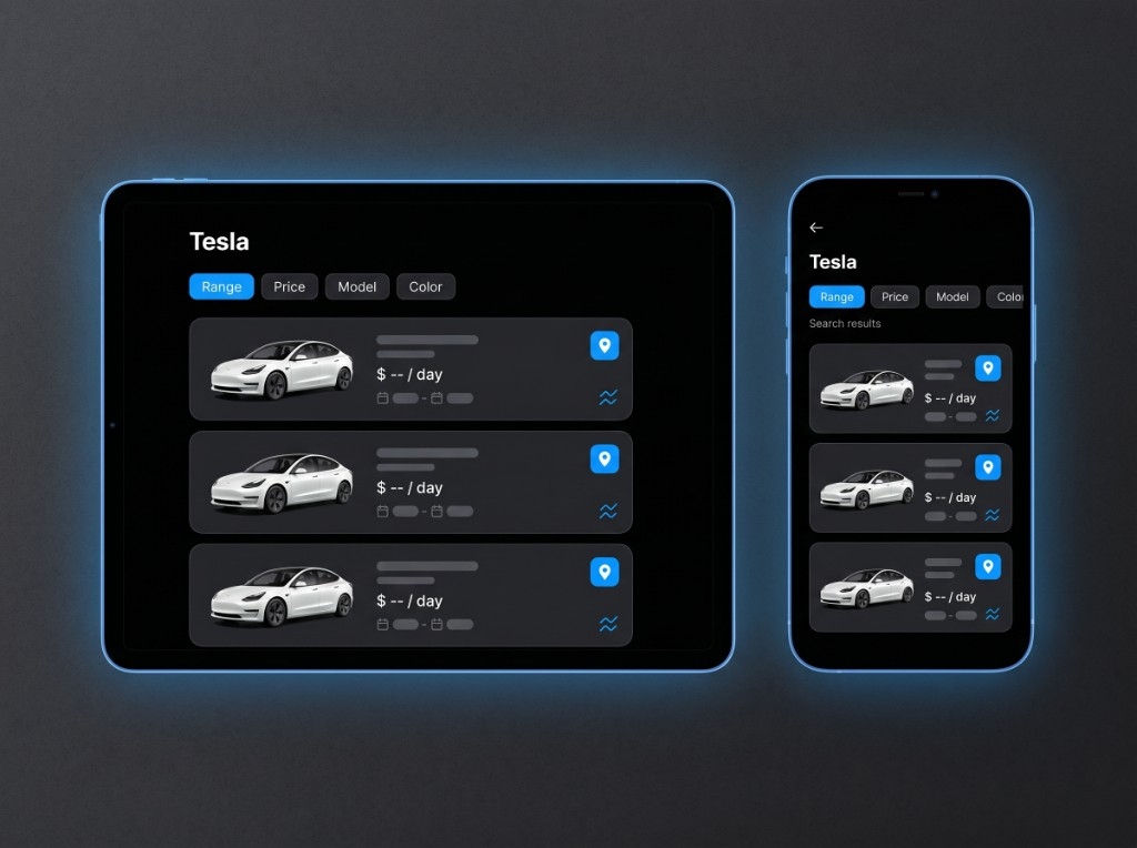 JoltRyde app on phone and tablet — search Tesla listings with filters