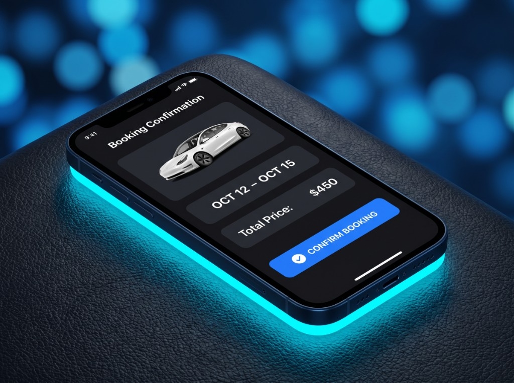 JoltRyde app on iPhone — booking confirmation with Tesla, dates, and confirm button